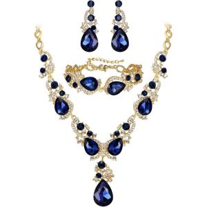 imageBriLove Wedding Bridal Jewelry for Women Multi Teardrop Cluster Crystal Statement Necklace Dangle Earrings Link Bracelet SetSapphire Color GoldTone