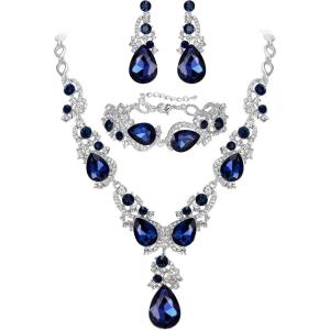 imageBriLove Wedding Bridal Jewelry for Women Multi Teardrop Cluster Crystal Statement Necklace Dangle Earrings Link Bracelet SetSapphire Color SilverTone
