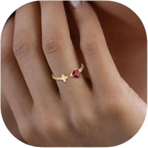 imageBriLove Women 925 Sterling Silver Cubic Zirconia Dainty Heart Cross Birthstone Adjustable Statement Ring Jewelry Gifts for Valentines DayBirthdayAnniversaryGarnet Color