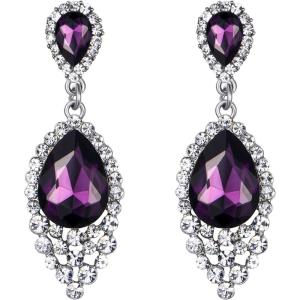 imageBriLove Womens Wedding Bridal Crystal Teardrop Cluster Beaded Chandelier Dangle Pierced EarringsAmethyst Color SilverTone