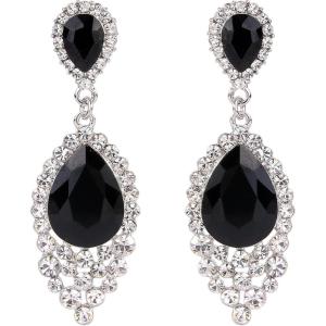 imageBriLove Womens Wedding Bridal Crystal Teardrop Cluster Beaded Chandelier Dangle Pierced EarringsBlack SilverTone