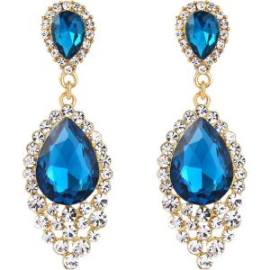 imageBriLove Womens Wedding Bridal Crystal Teardrop Cluster Beaded Chandelier Dangle Pierced EarringsBlue Topaz Color GoldTone
