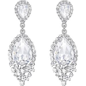 imageBriLove Womens Wedding Bridal Crystal Teardrop Cluster Beaded Chandelier Dangle Pierced EarringsClear SilverTone
