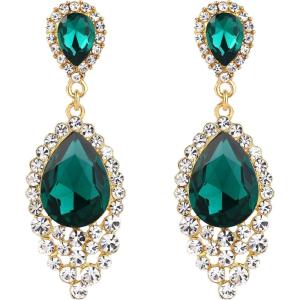 imageBriLove Womens Wedding Bridal Crystal Teardrop Cluster Beaded Chandelier Dangle Pierced EarringsEmerald Color GoldTone