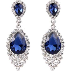 imageBriLove Womens Wedding Bridal Crystal Teardrop Cluster Beaded Chandelier Dangle Pierced EarringsNavy Blue SilverTone
