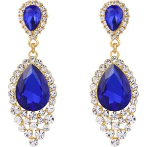 imageBriLove Womens Wedding Bridal Crystal Teardrop Cluster Beaded Chandelier Dangle Pierced EarringsRoyal Blue GoldTone