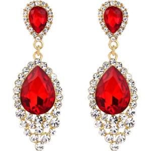 imageBriLove Womens Wedding Bridal Crystal Teardrop Cluster Beaded Chandelier Dangle Pierced EarringsRuby Color GoldTone