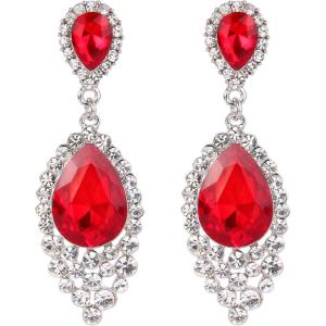 imageBriLove Womens Wedding Bridal Crystal Teardrop Cluster Beaded Chandelier Dangle Pierced EarringsRuby Color SilverTone