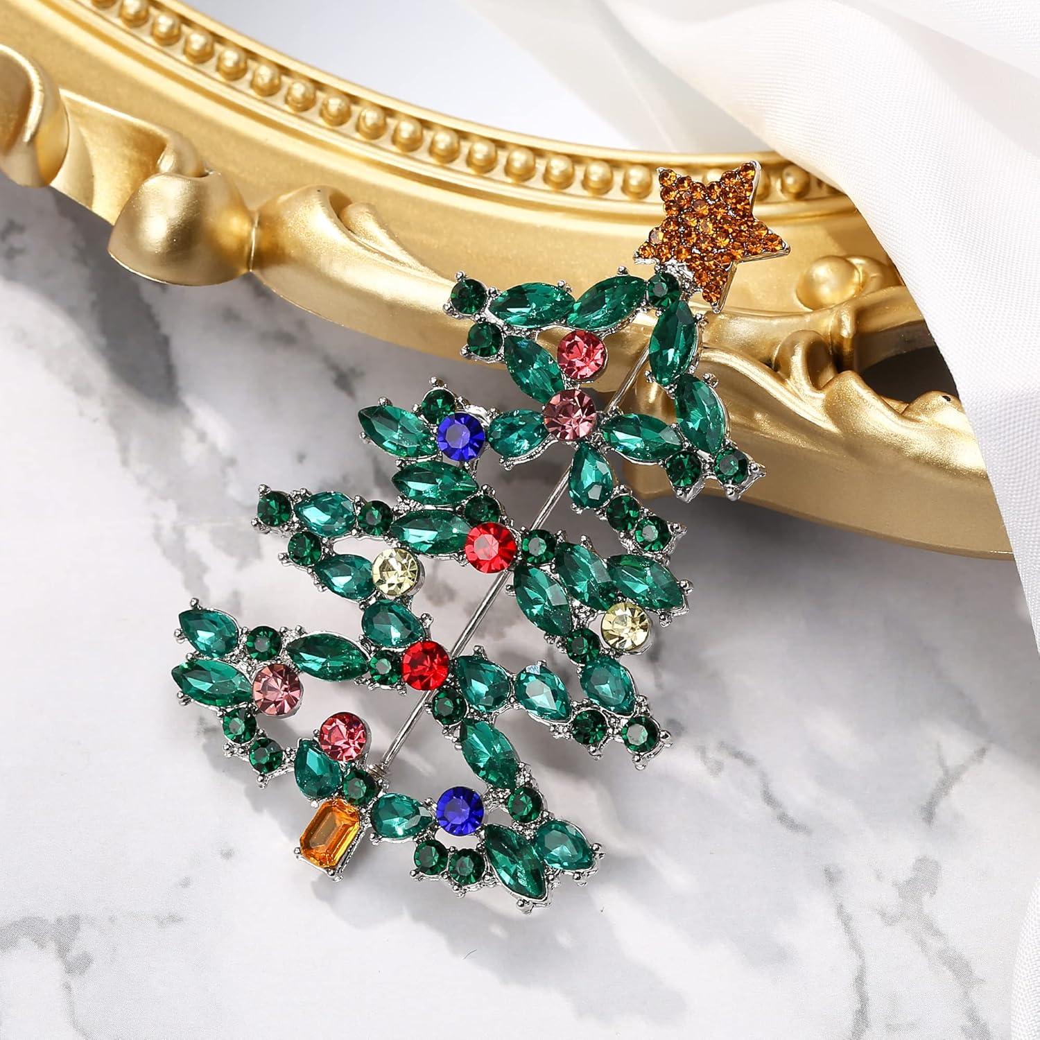 imageBriLove Christmas Tree Brooch Pin Xmas Star Crystal Marquise Decorative Gift for WomenEmerald Color SilverTone