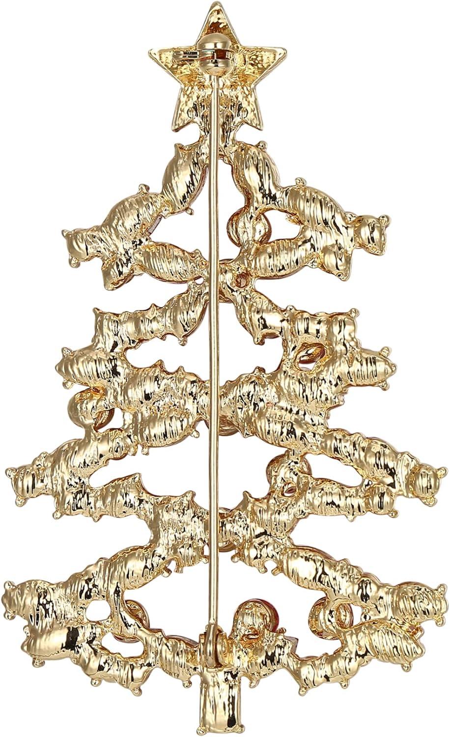 imageBriLove Christmas Tree Brooch Pin Xmas Star Crystal Marquise Decorative Gift for WomenRuby Color GoldTone