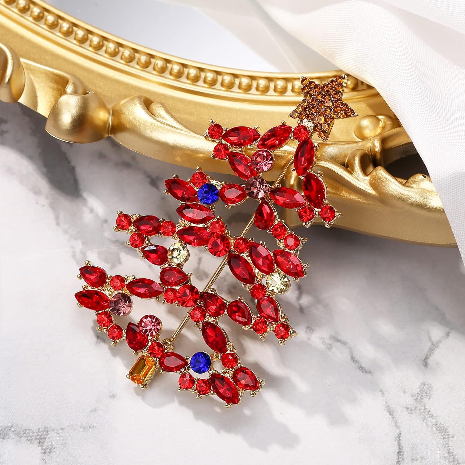 imageBriLove Christmas Tree Brooch Pin Xmas Star Crystal Marquise Decorative Gift for WomenRuby Color GoldTone