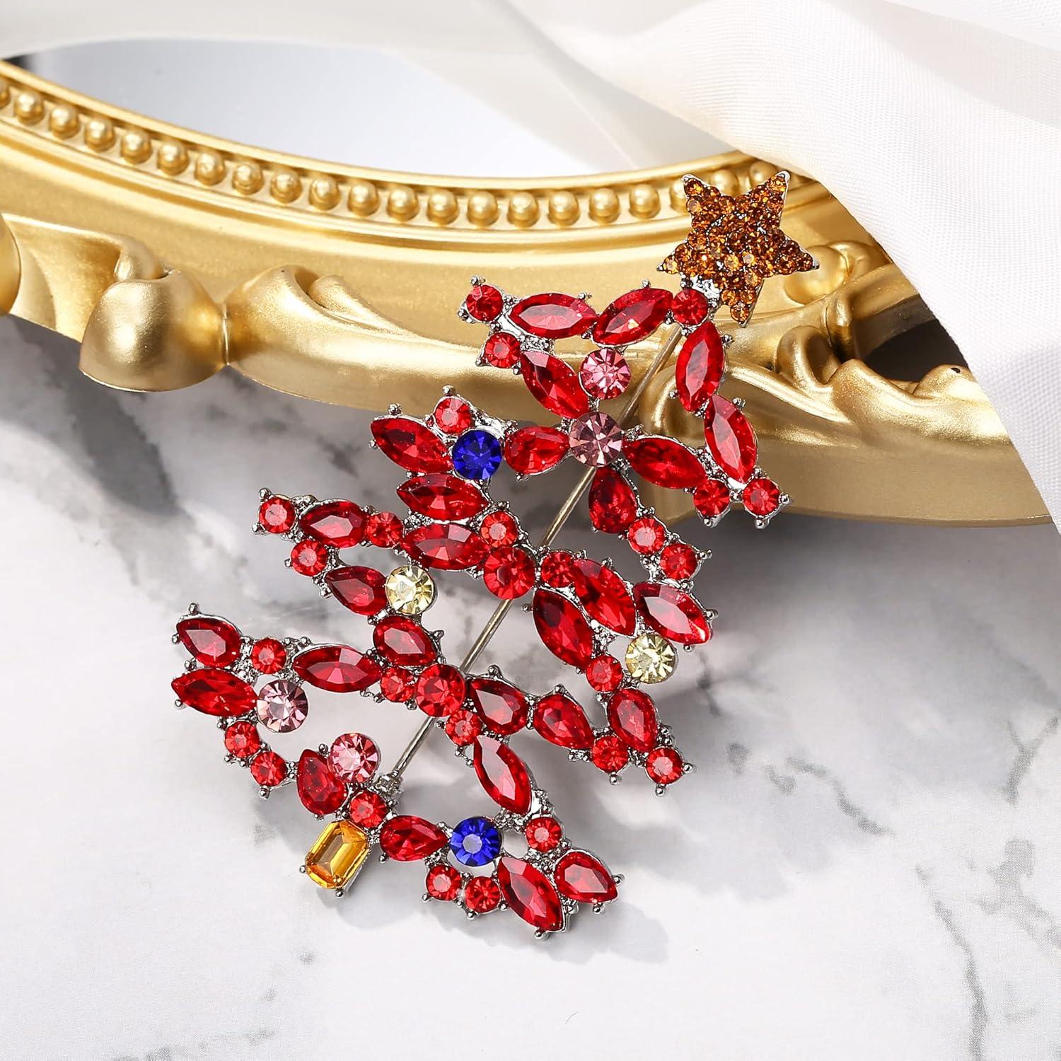 imageBriLove Christmas Tree Brooch Pin Xmas Star Crystal Marquise Decorative Gift for WomenRuby Color SilverTone