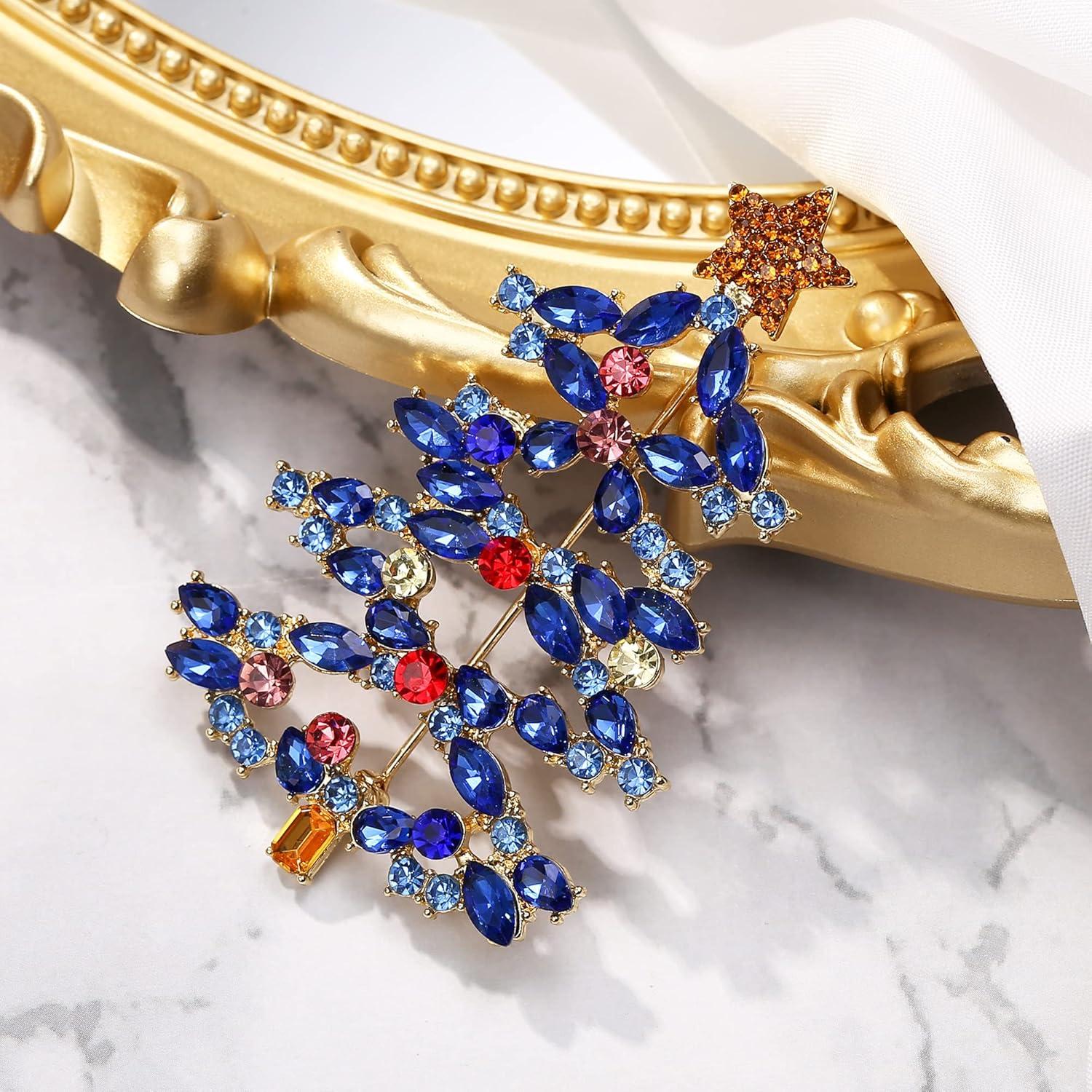 imageBriLove Christmas Tree Brooch Pin Xmas Star Crystal Marquise Decorative Gift for WomenSapphire Color GoldTone