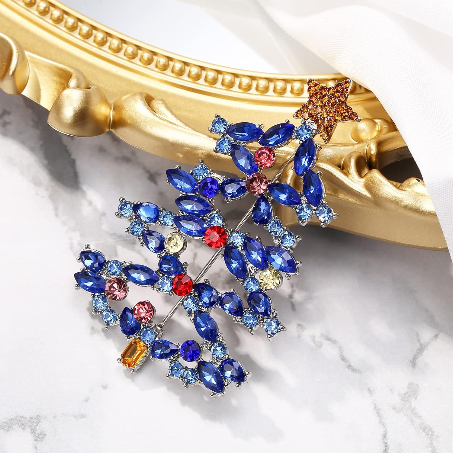 imageBriLove Christmas Tree Brooch Pin Xmas Star Crystal Marquise Decorative Gift for WomenSapphire Color SilverTone