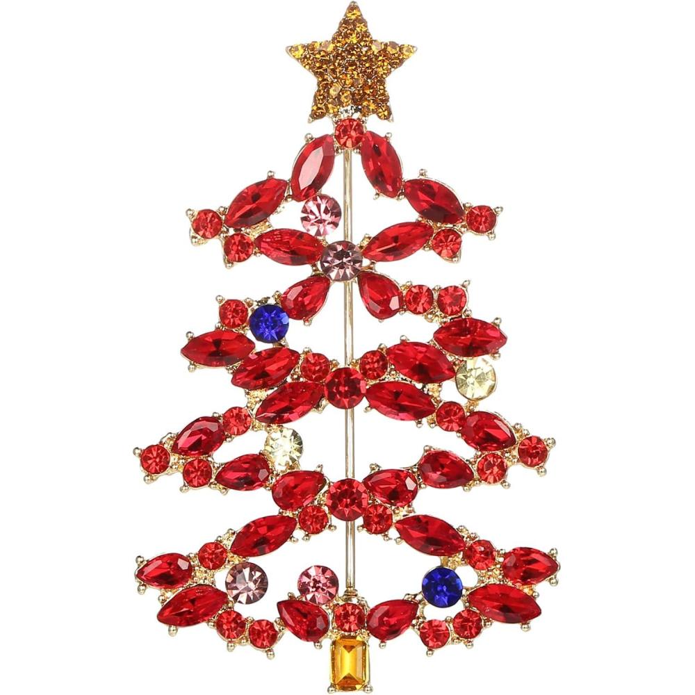 imageBriLove Christmas Tree Brooch Pin Xmas Star Crystal Marquise Decorative Gift for WomenRuby Color GoldTone