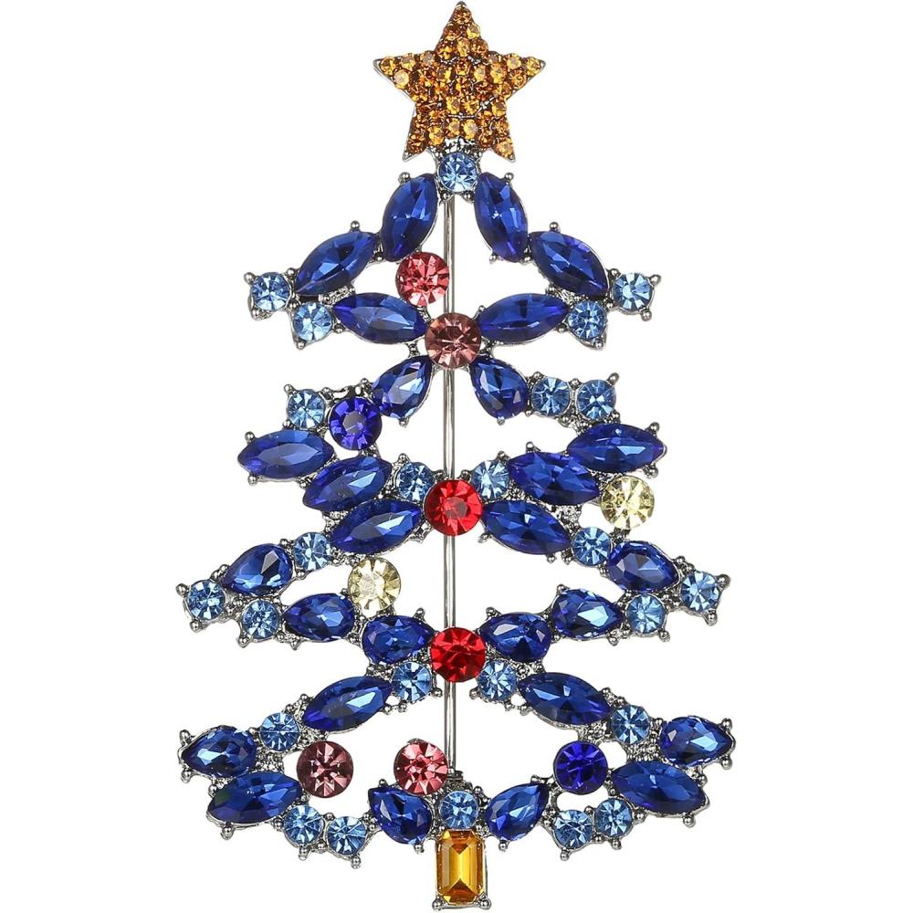imageBriLove Christmas Tree Brooch Pin Xmas Star Crystal Marquise Decorative Gift for WomenSapphire Color SilverTone