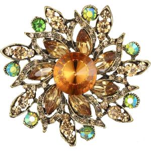 imageBriLove Austrian Crystal Rhinestone Elegant Flower Marquise Brooches for WomenChampagne AntiqueGoldTone