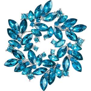 imageBriLove Austrian Crystal Rhinestone Elegant Flower Marquise Wreath Brooches for WomenBlue Topaz SilverTone