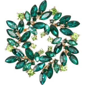 imageBriLove Austrian Crystal Rhinestone Elegant Flower Marquise Wreath Brooches for WomenEmerald Color GoldTone