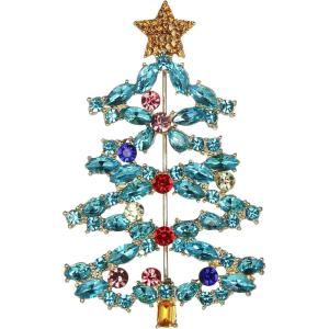 imageBriLove Christmas Tree Brooch Pin Xmas Star Crystal Marquise Decorative Gift for WomenBlue Topaz GoldTone