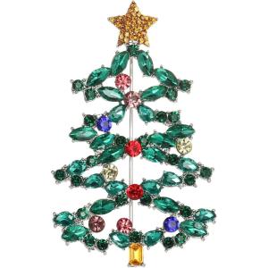 imageBriLove Christmas Tree Brooch Pin Xmas Star Crystal Marquise Decorative Gift for WomenEmerald Color SilverTone