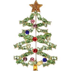 imageBriLove Christmas Tree Brooch Pin Xmas Star Crystal Marquise Decorative Gift for WomenGreen GoldTone