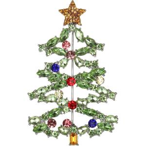 imageBriLove Christmas Tree Brooch Pin Xmas Star Crystal Marquise Decorative Gift for WomenGreen SilverTone
