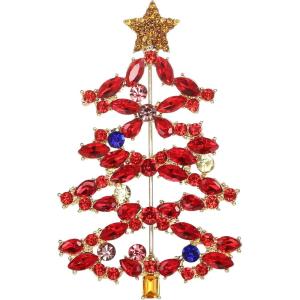 imageBriLove Christmas Tree Brooch Pin Xmas Star Crystal Marquise Decorative Gift for WomenRuby Color GoldTone