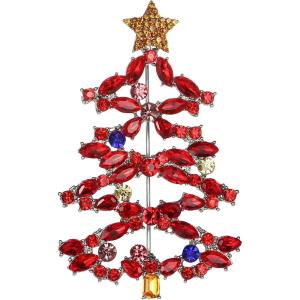 imageBriLove Christmas Tree Brooch Pin Xmas Star Crystal Marquise Decorative Gift for WomenRuby Color SilverTone