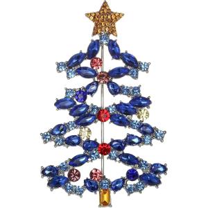 imageBriLove Christmas Tree Brooch Pin Xmas Star Crystal Marquise Decorative Gift for WomenSapphire Color SilverTone
