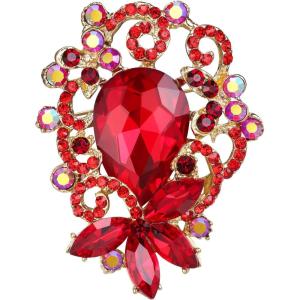 imageBriLove Elegant Crystal Teardrop Marquise Bouquet Brooch Pin for WomenRuby Color GoldTone