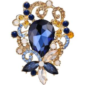 imageBriLove Elegant Crystal Teardrop Marquise Bouquet Brooch Pin for WomenSapphire Color GoldTone