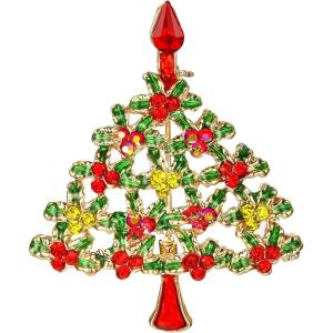 imageBriLove Womens Rhinestone Art Deco Daily Christmas Tree Teardrop Brooch Pin for PartyRuby Color Goldtone
