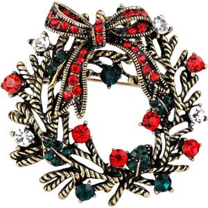 imageBriLove Womens Vintage Inspired Crystal Merry Christmas Holiday Wreath Brooch Pin Multicolor AntiqueGoldTone