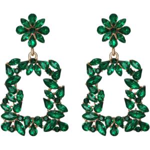 imageBriLove Art Deco Sparkly Rhinestone Marquise Rectangle Flower Statement Dangle Earrings for WomenEmerald Color GoldTone