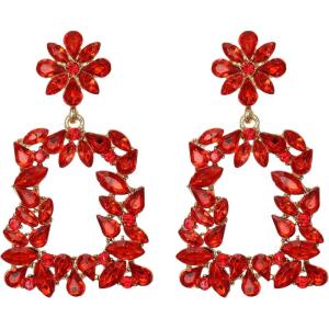 imageBriLove Art Deco Sparkly Rhinestone Marquise Rectangle Flower Statement Dangle Earrings for WomenRuby Color GoldTone