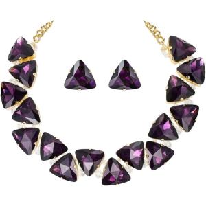 imageBriLove Art Deco Sparkly Triangle Statement Necklace Earrings Set for WomenAmethyst GoldTone