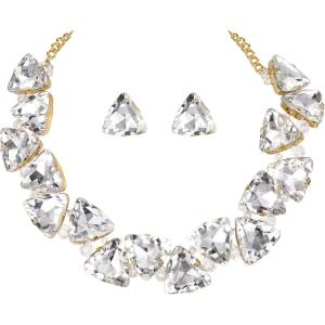 imageBriLove Art Deco Sparkly Triangle Statement Necklace Earrings Set for WomenClear GoldTone