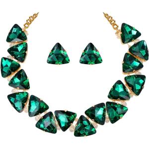 imageBriLove Art Deco Sparkly Triangle Statement Necklace Earrings Set for WomenEmerald Color GoldTone