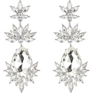 imageBriLove Art Deco Vintage Inspired Rhinestone Marquise Teardrop Flower Statement Dangle Earrings for WomenClear SilverTone