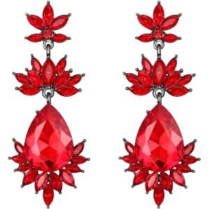 imageBriLove Art Deco Vintage Inspired Rhinestone Marquise Teardrop Flower Statement Dangle Earrings for WomenRuby Color BlackTone