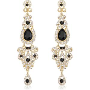 imageBriLove Bridal Stunning Crystal Art Deco Long Chandelier Dangle Earrings for Women Wedding Party PromBlack GoldTone