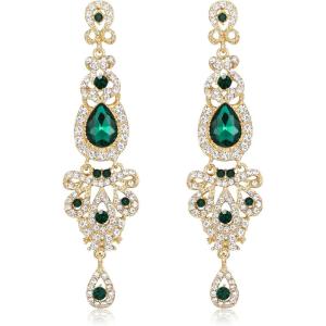 imageBriLove Bridal Stunning Crystal Art Deco Long Chandelier Dangle Earrings for Women Wedding Party PromEmerald Color GoldTone
