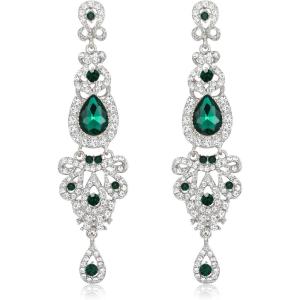 imageBriLove Bridal Stunning Crystal Art Deco Long Chandelier Dangle Earrings for Women Wedding Party PromEmerald Color SilverTone
