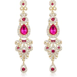 imageBriLove Bridal Stunning Crystal Art Deco Long Chandelier Dangle Earrings for Women Wedding Party PromHot Pink GoldTone