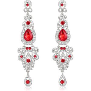 imageBriLove Bridal Stunning Crystal Art Deco Long Chandelier Dangle Earrings for Women Wedding Party PromRuby Color SilverTone