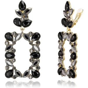 imageBriLove Clipon Dangle Earring Earrings Art Deco Sparkly Rhinestone Marquise Teardrop Rectangle Geometric Statement for WomenBlack GoldToned