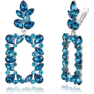 imageBriLove Clipon Dangle Earring Earrings Art Deco Sparkly Rhinestone Marquise Teardrop Rectangle Geometric Statement for WomenBlue Topaz SilverTone