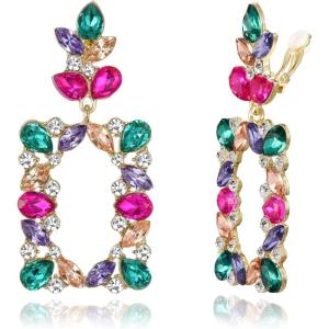 imageBriLove Clipon Dangle Earring Earrings Art Deco Sparkly Rhinestone Marquise Teardrop Rectangle Geometric Statement for WomenMulticolor GoldToned