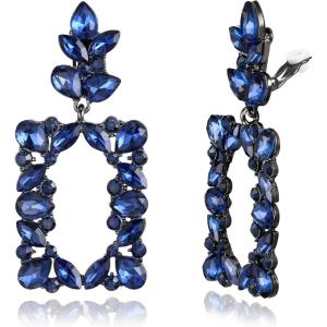 imageBriLove Clipon Dangle Earring Earrings Art Deco Sparkly Rhinestone Marquise Teardrop Rectangle Geometric Statement for WomenSapphire Color BlackTone